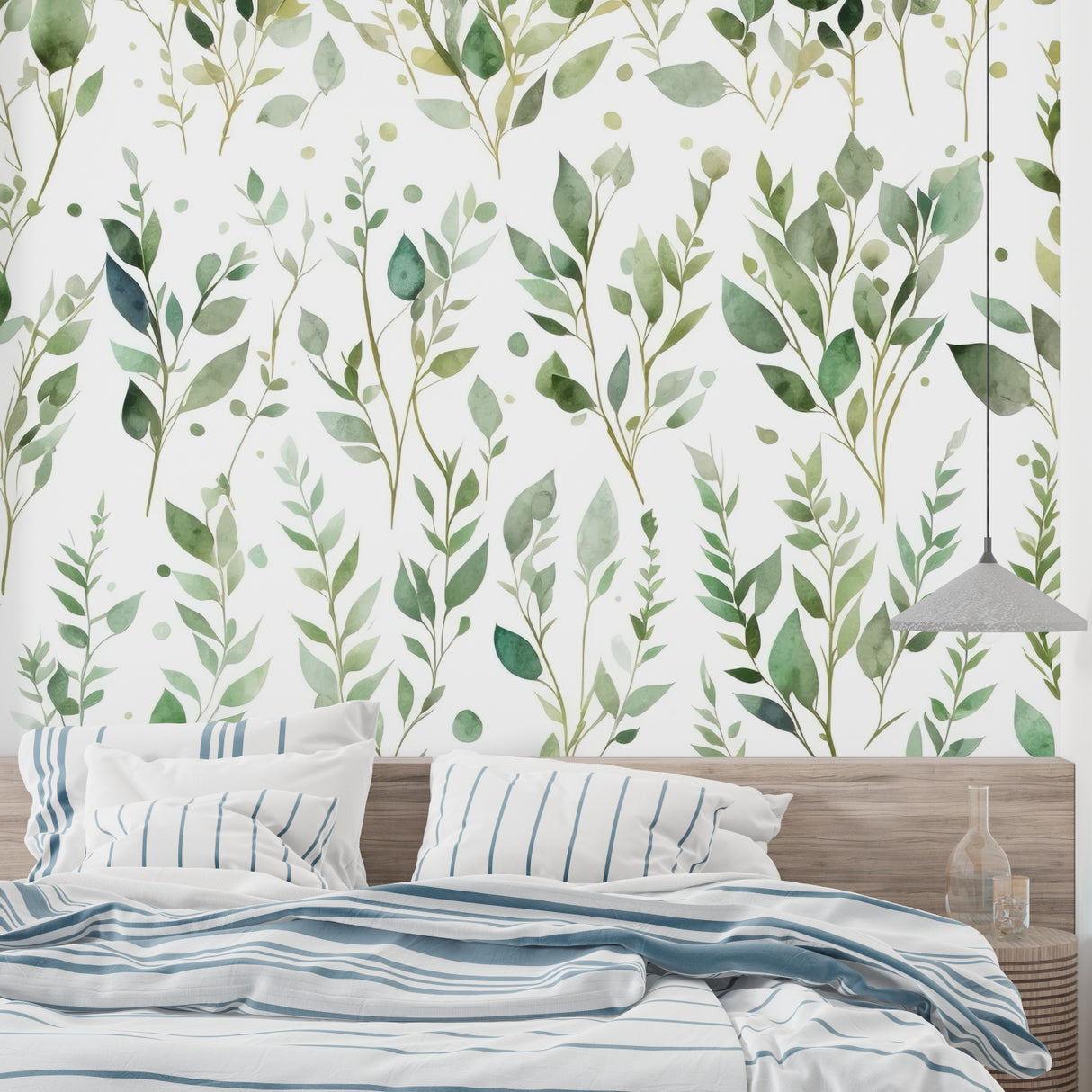 Botanical leaf wallpaper creating a fresh atmosphere in a modern living room with natural light