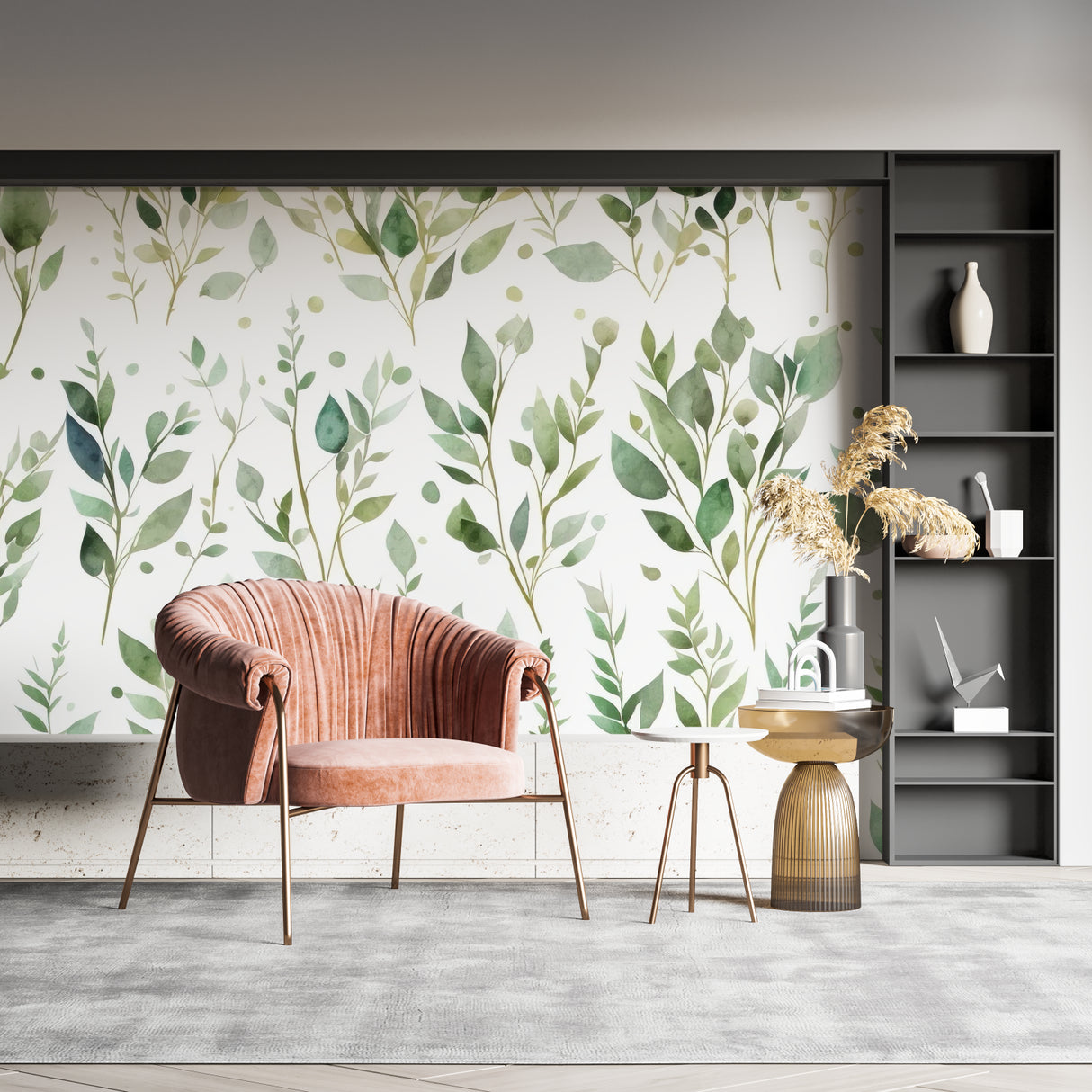 Green leaf mural wallpaper in a peaceful bedroom setting with minimal furniture