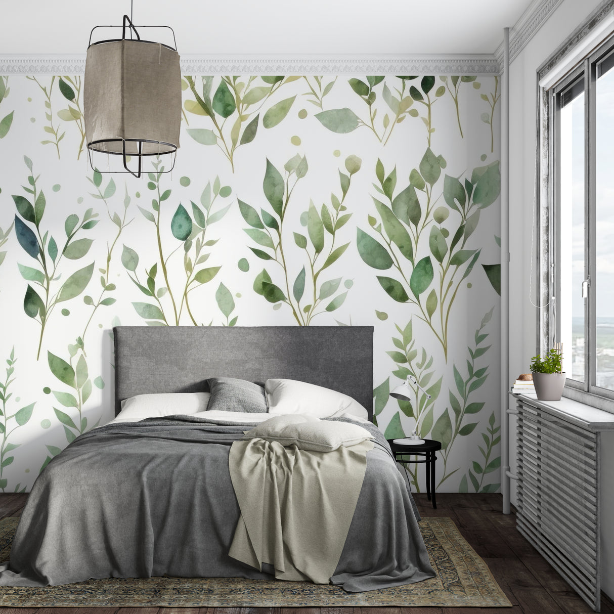 Watercolor foliage wallpaper adding natural charm to a home office space