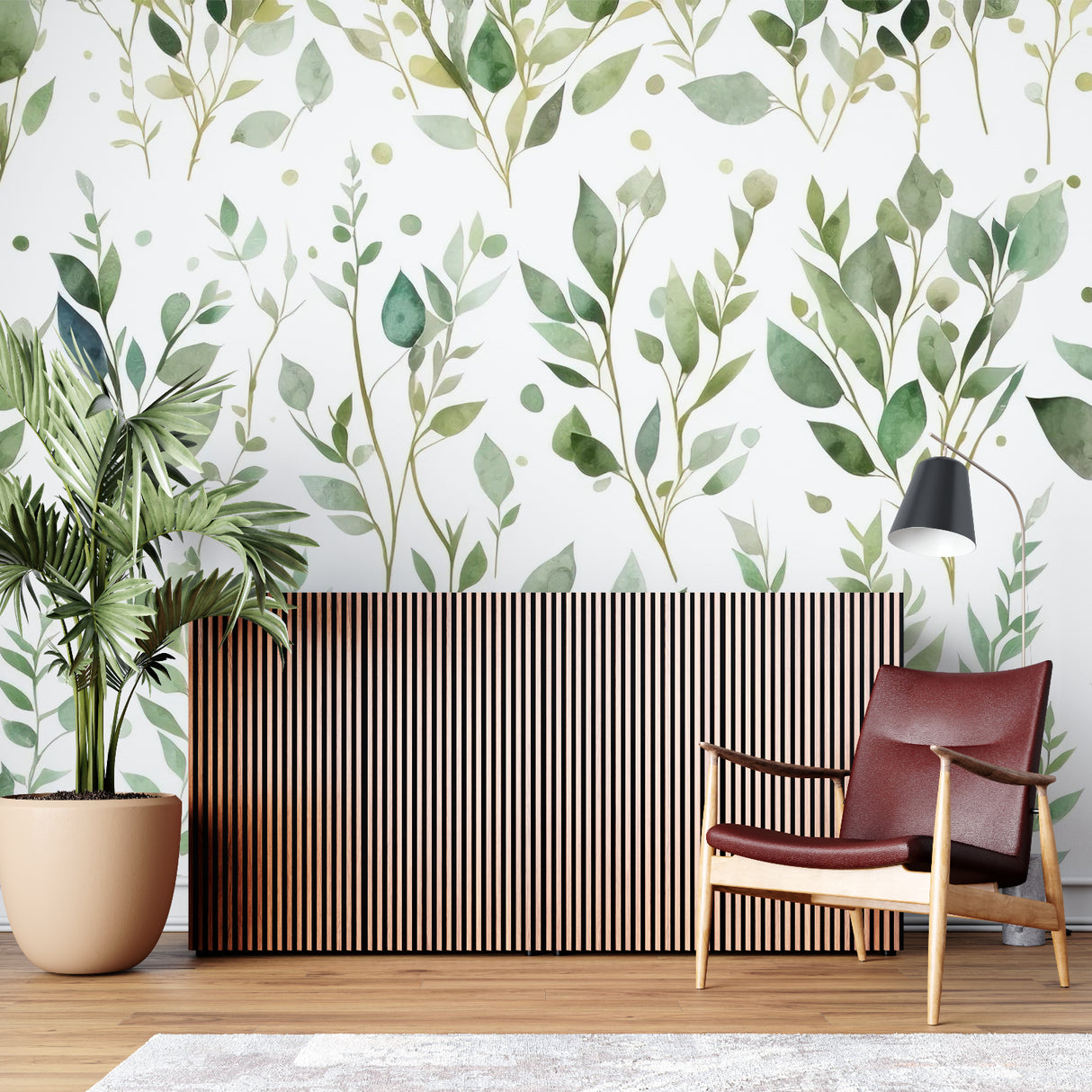 Botanical wall mural bringing garden vibes to a dining room with wooden accents