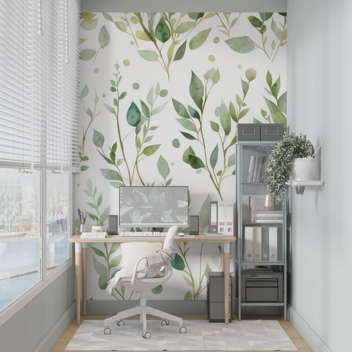Green leaf pattern creating a fresh backdrop in a bright entryway
