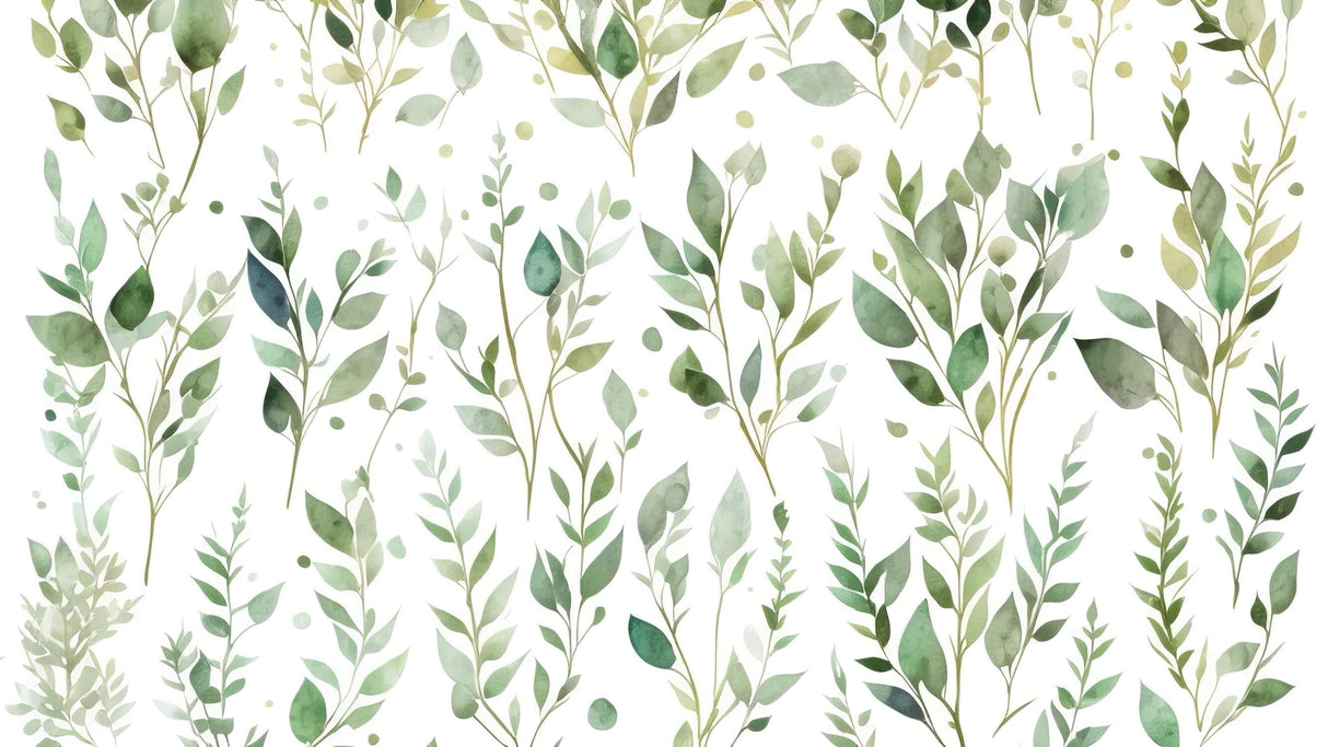 Watercolor green leaves pattern design file showing delicate botanical details and soft color transitions