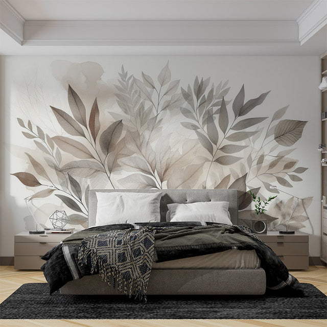 Modern living room featuring a Neutral Botanical Wallpaper with watercolor leaves creating a peaceful atmosphere