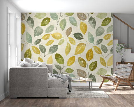 Botanical leaf wallpaper in bright modern living room showing yellow and green pattern