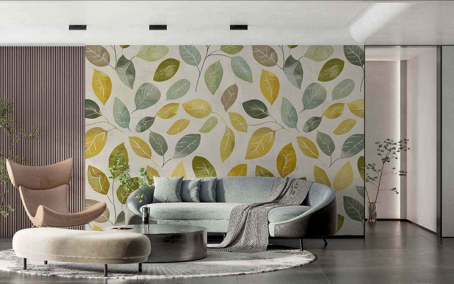 Nature-inspired wall mural in cozy dining room with natural light