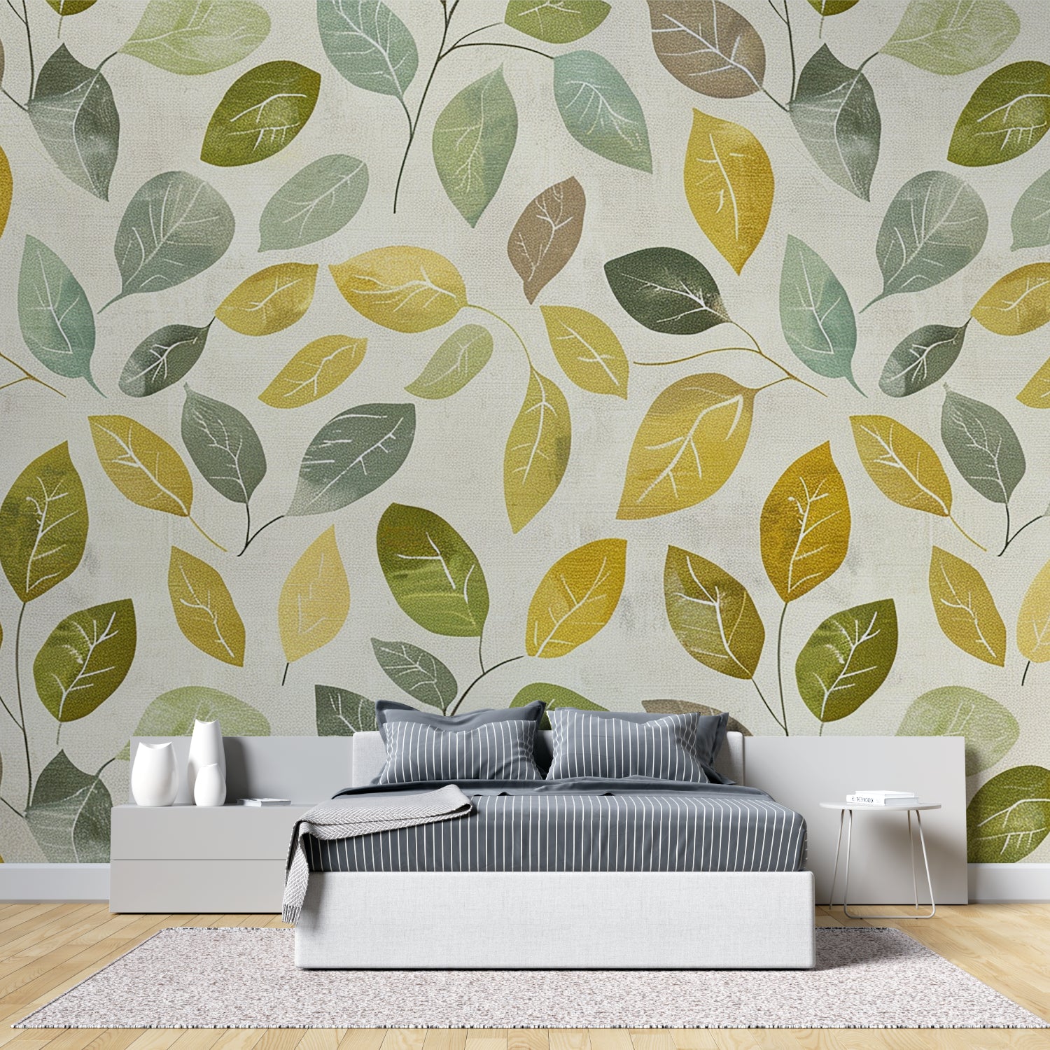 Leaf pattern wallpaper creating fresh feel in home office space