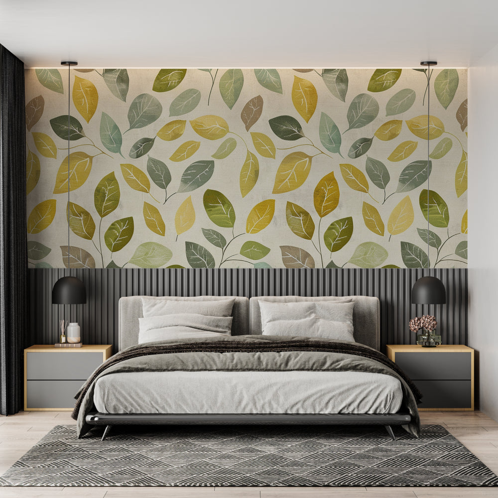 Yellow and green foliage mural in sunny hallway setting