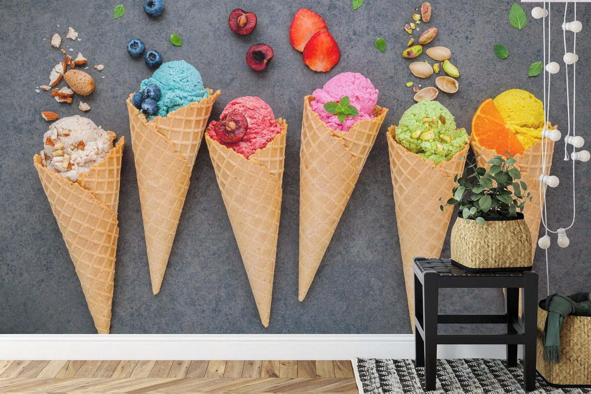 Ice cream wallpaper mural bringing joy to a modern kitchen with white cabinets and natural lighting