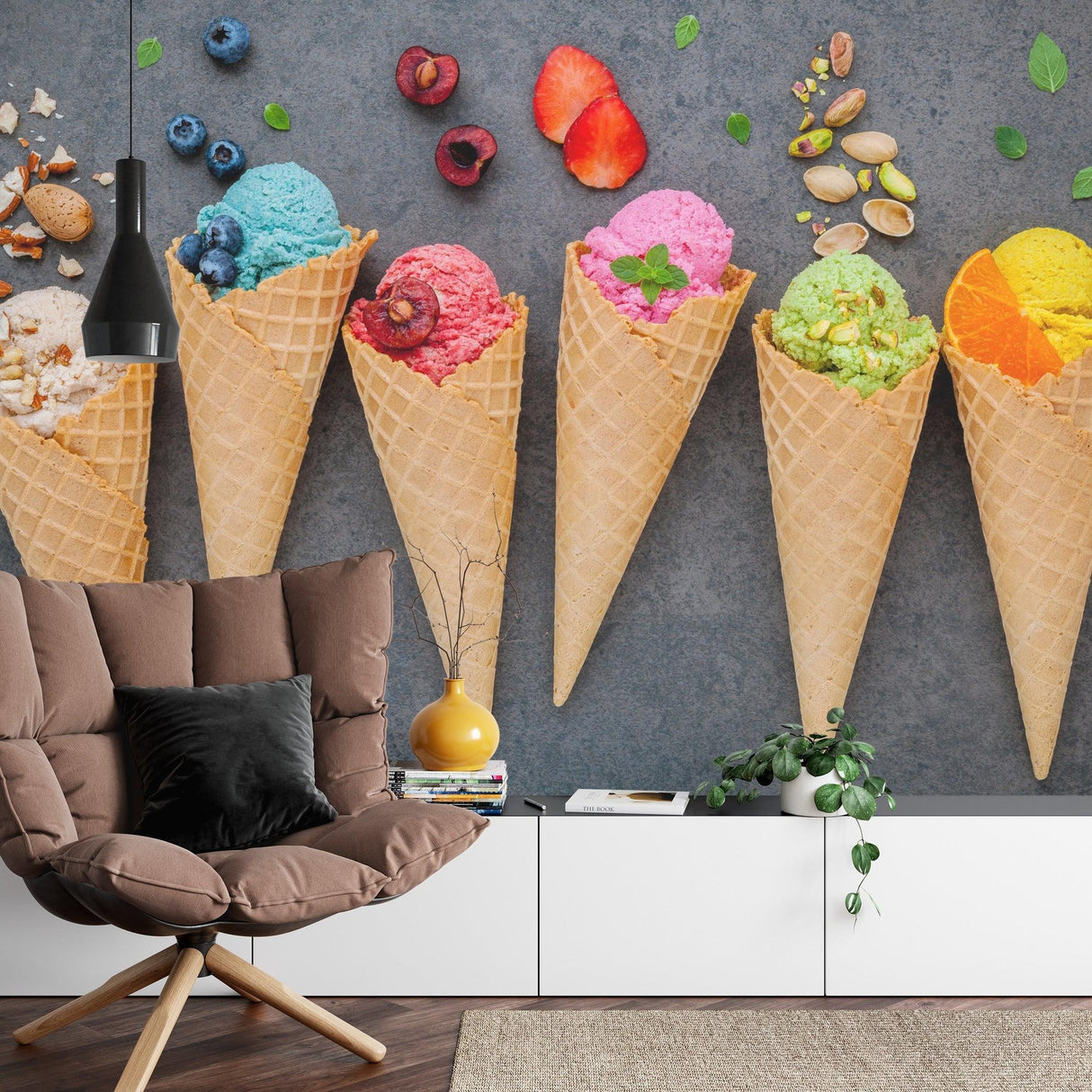 Colorful ice cream mural in a cafe setting with cozy seating and pendant lights