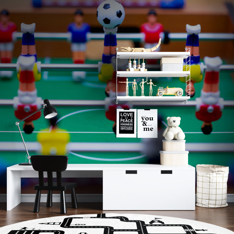 Sports wall mural showcased in basement entertainment area with foosball table
