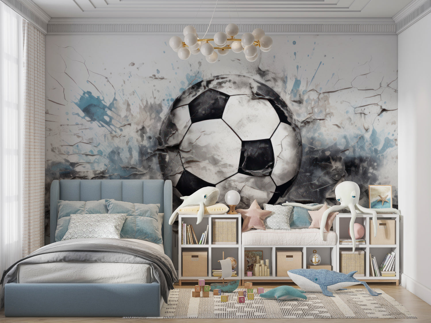 3D breaking wall football mural in sports bar setting