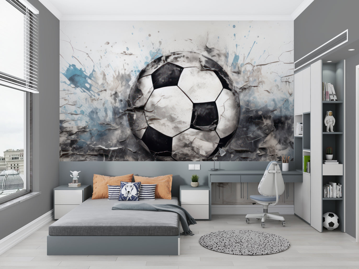 Man cave decorated with 3D soccer ball wallpaper showing depth effect