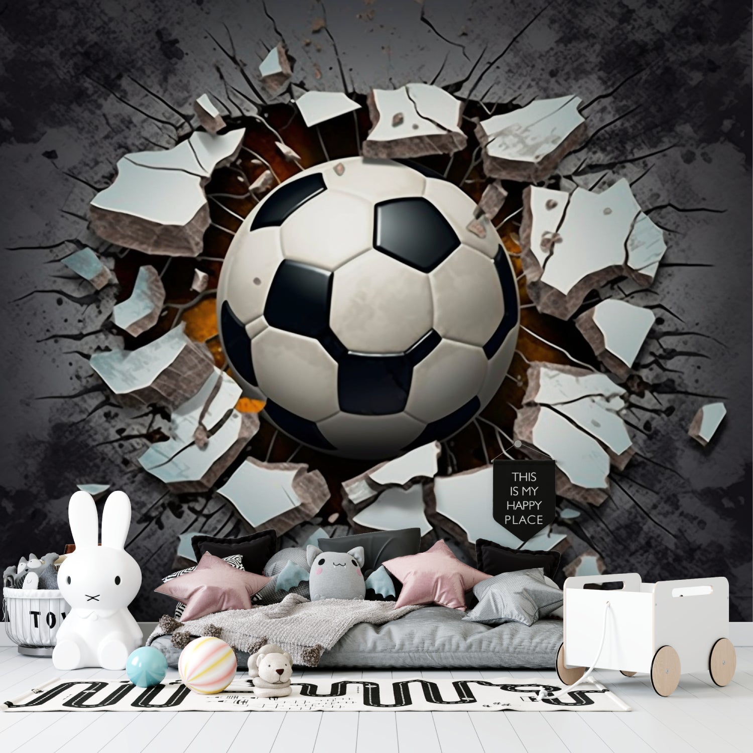 3D football wallpaper displayed in gaming room with blue lighting effects