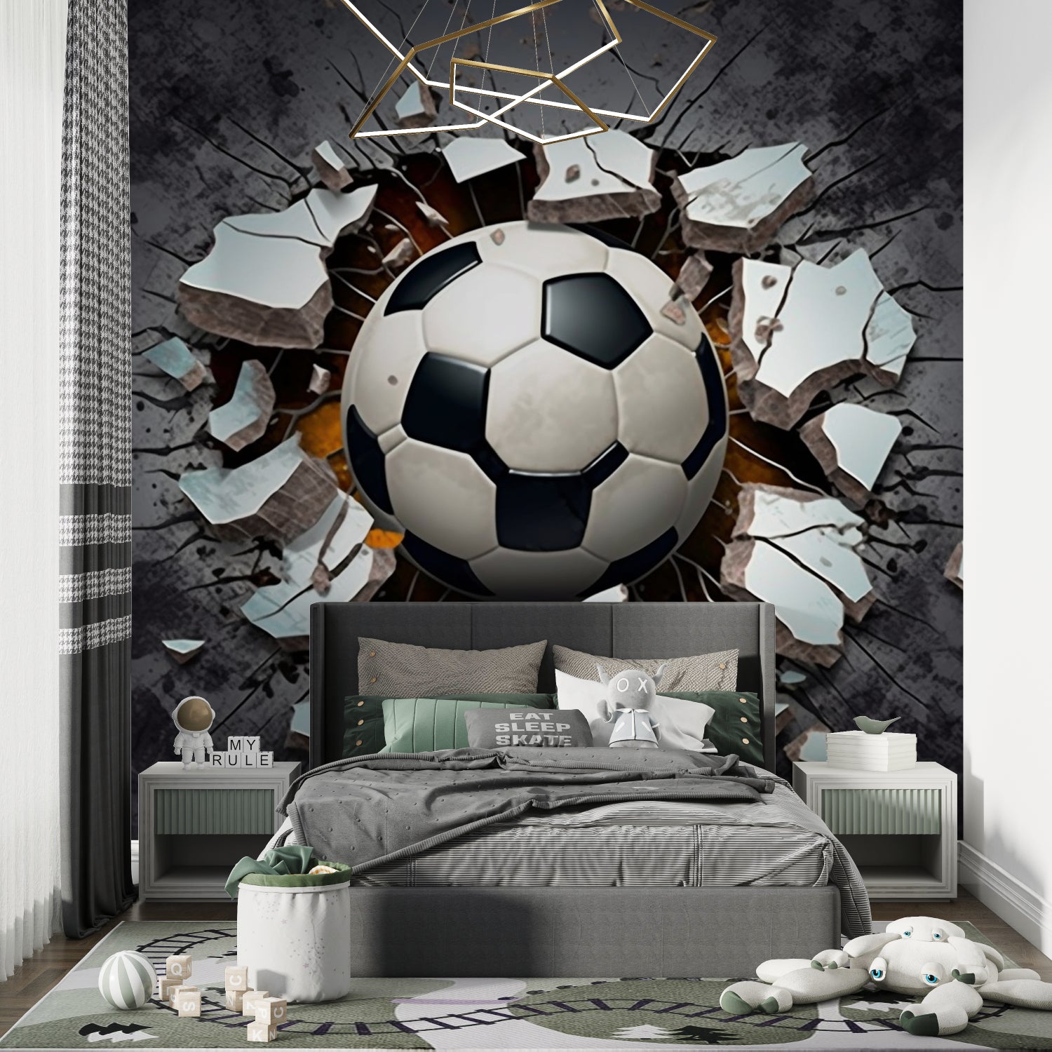 Modern living space showcasing soccer themed wall mural with graffiti elements