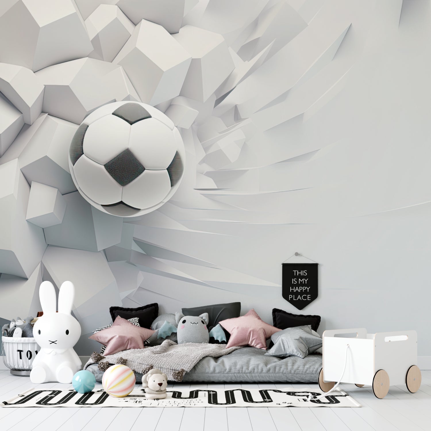 Soccer wall mural creating depth in minimalist game room with 3D breaking wall effect