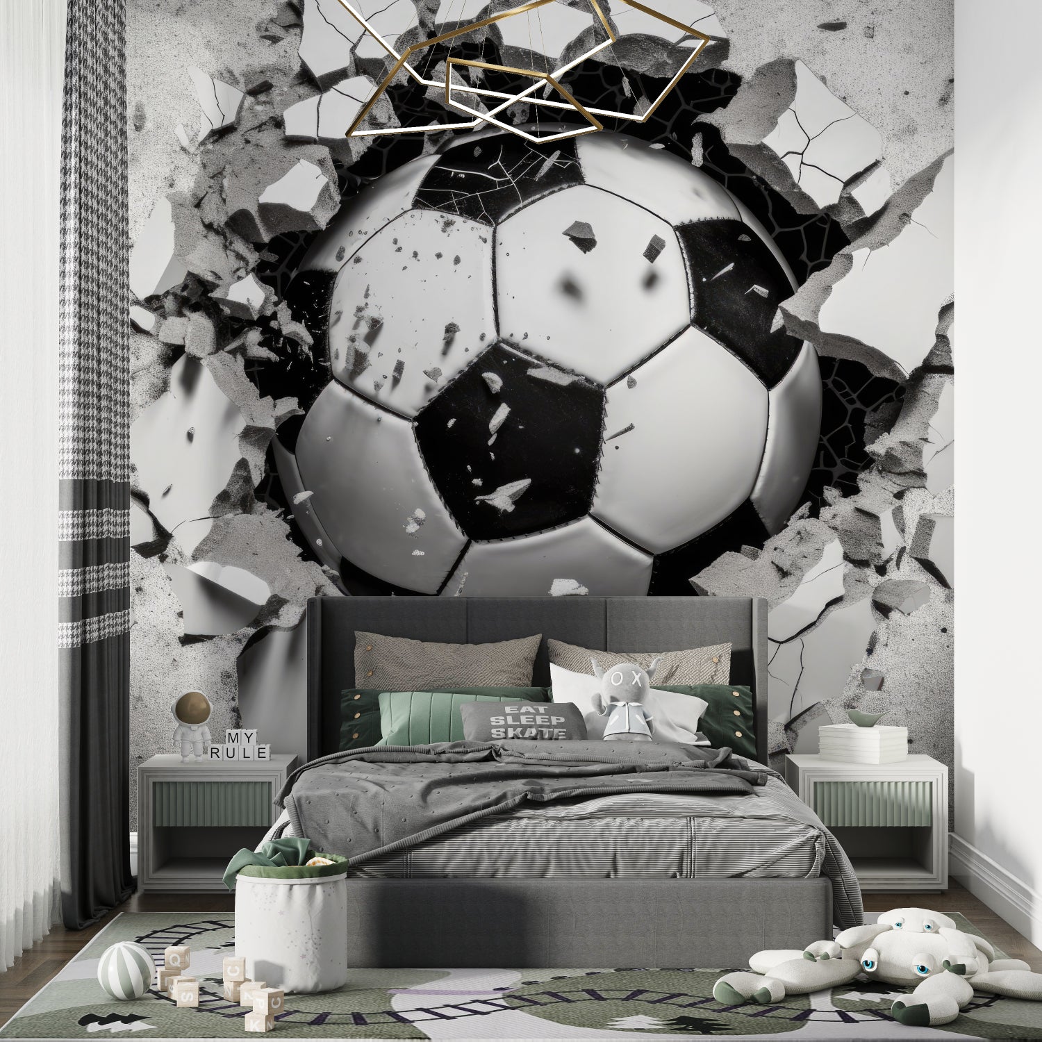 3D football mural bringing energy to sports bar interior