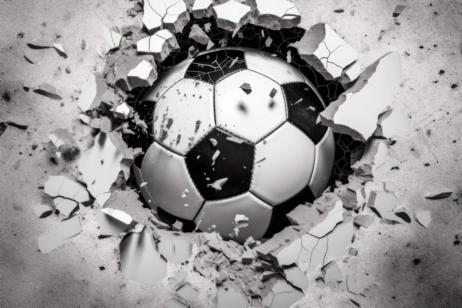 High-resolution design file of 3D soccer ball breaking through concrete wall pattern
