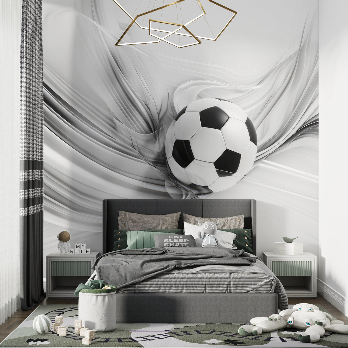 Soccer ball wallpaper design showcased in modern sports bar setting