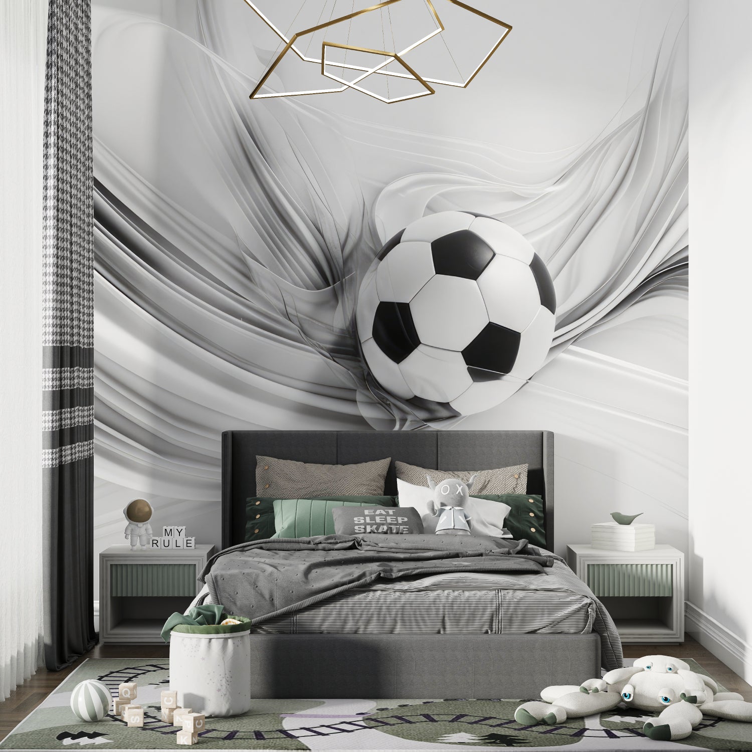 Soccer ball wallpaper design showcased in modern sports bar setting