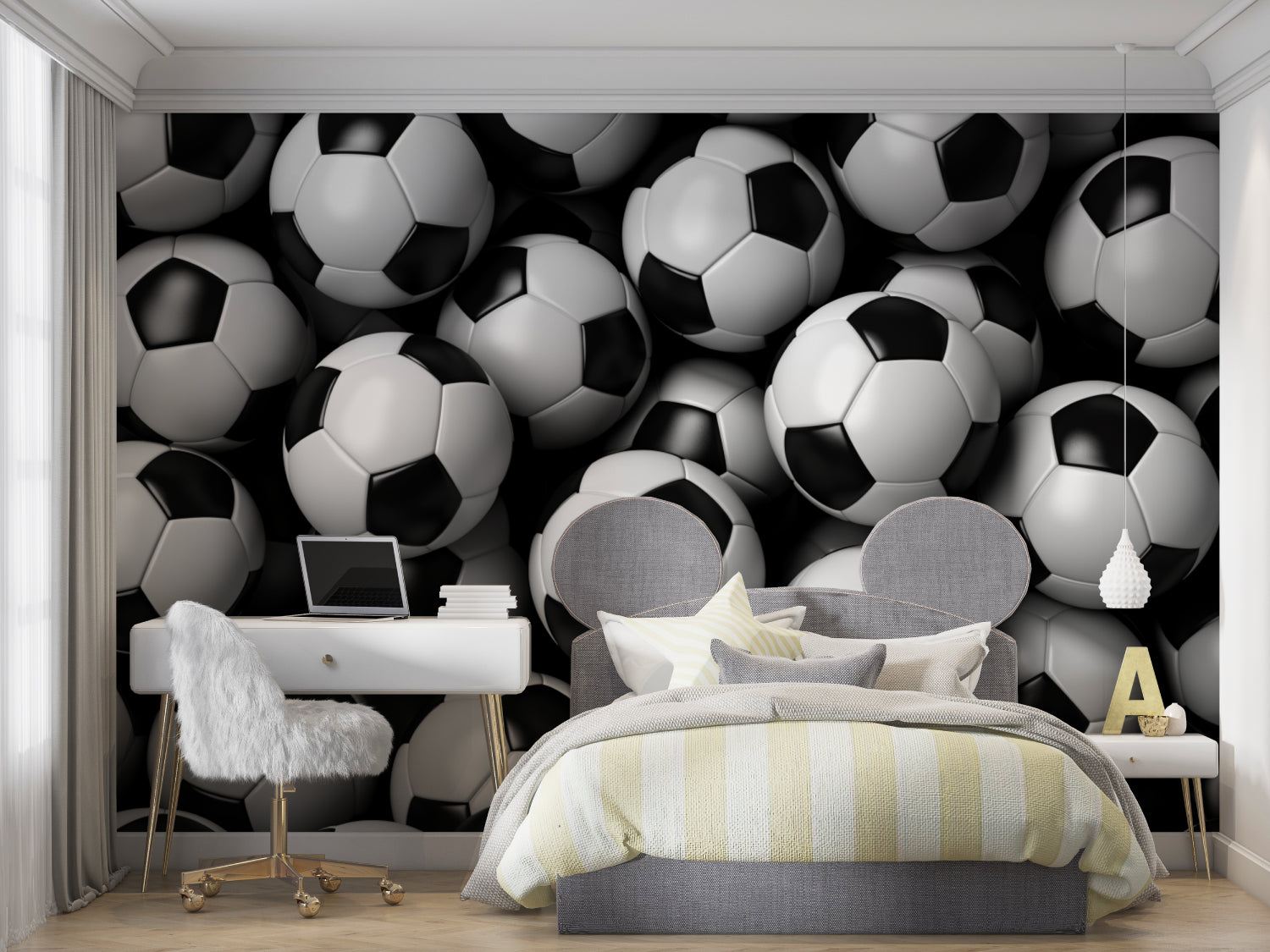Soccer ball mural adding depth to modern living room feature wall