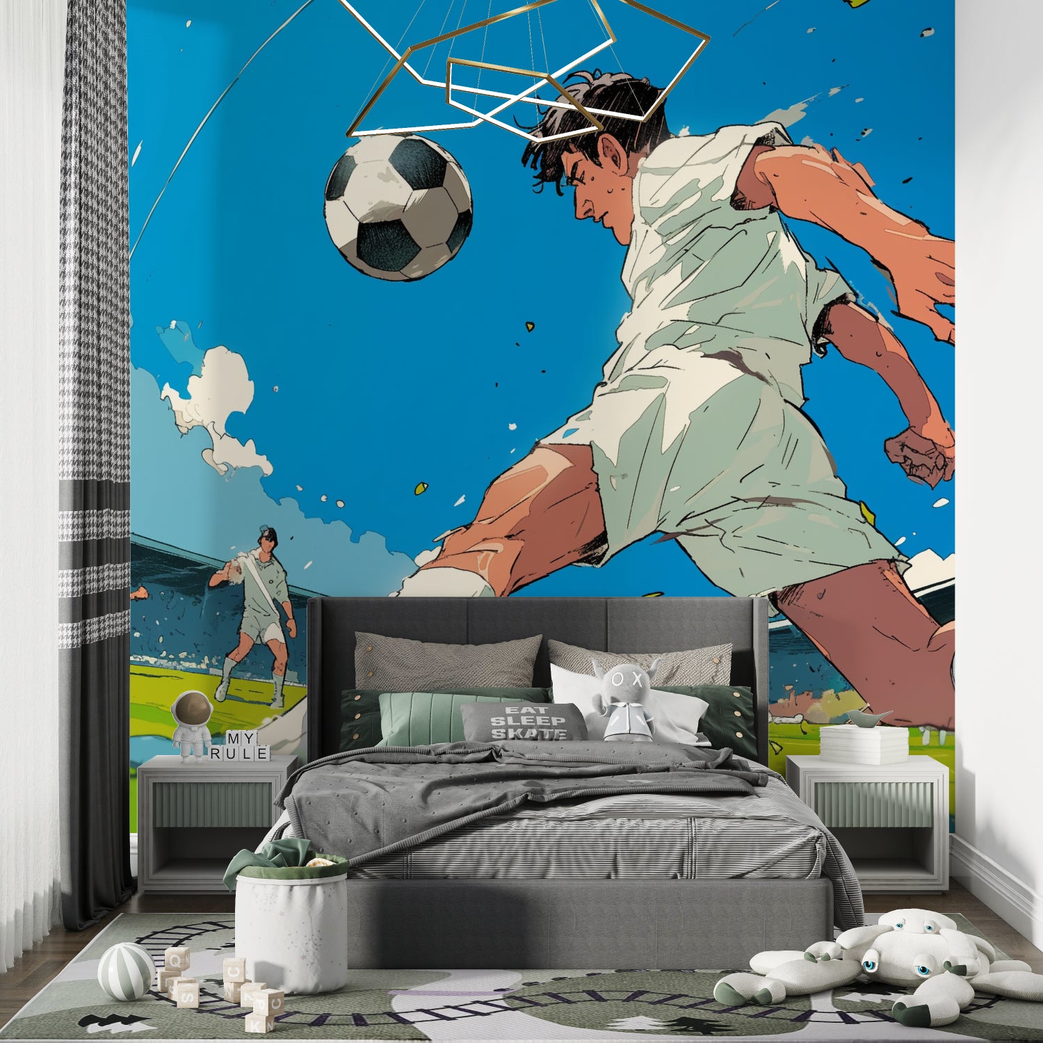 Soccer anime wallpaper creating depth in sports-themed bedroom