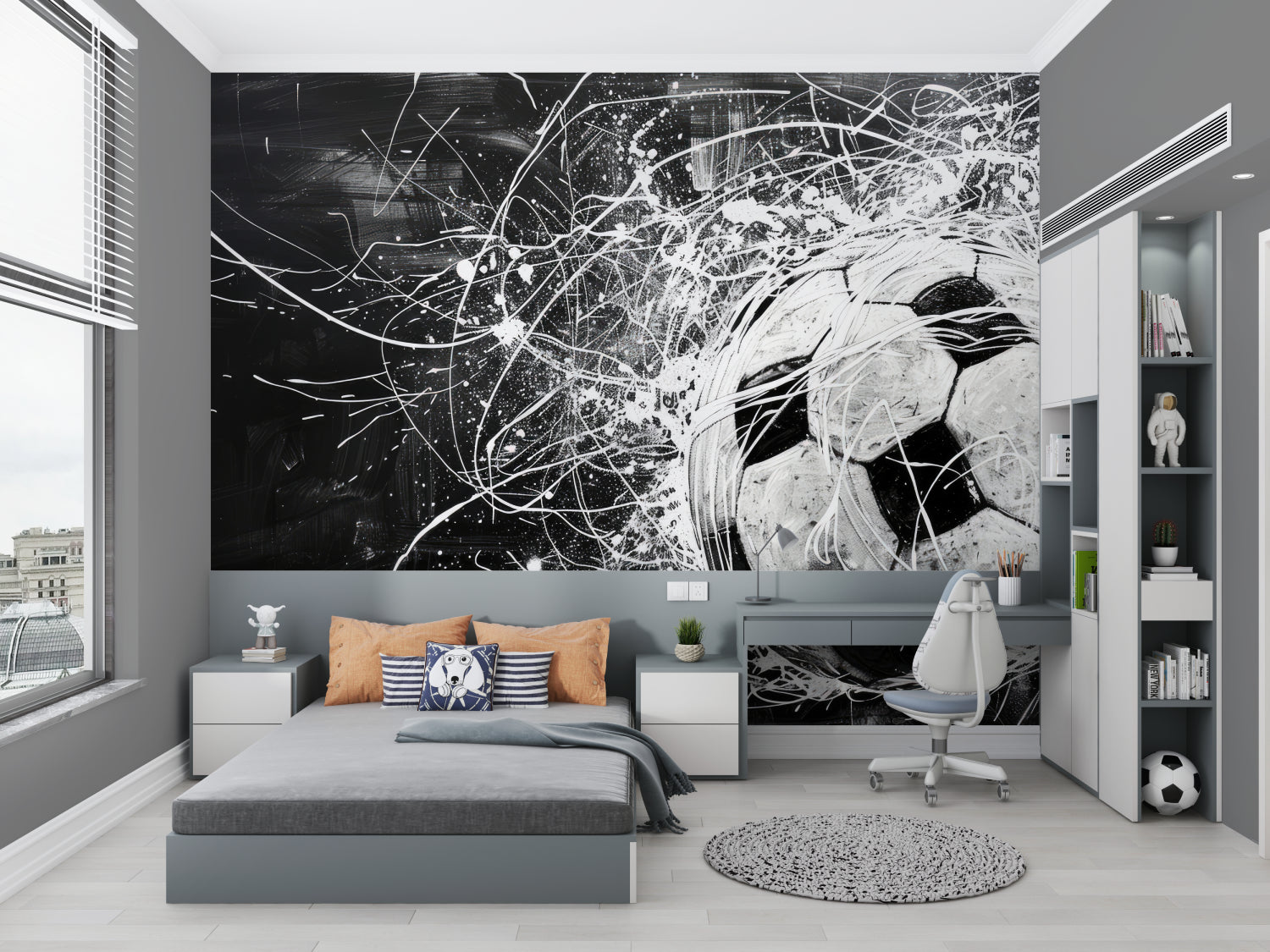 Football wall art in gaming room, black and white artistic sports design