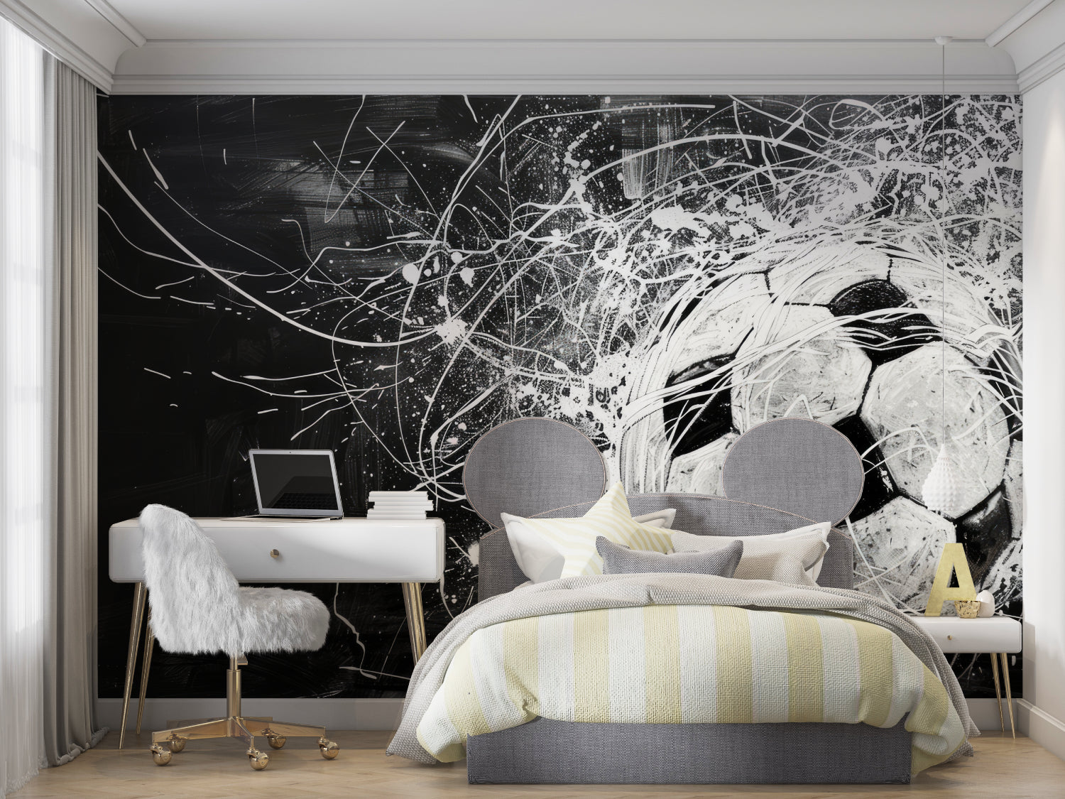 Modern soccer mural in entertainment space, contemporary black and white design