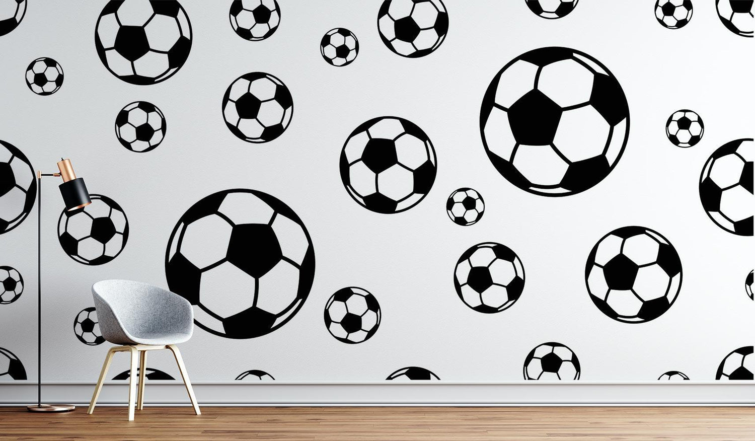 Soccer ball wall mural displayed in game room with contemporary furniture and lighting