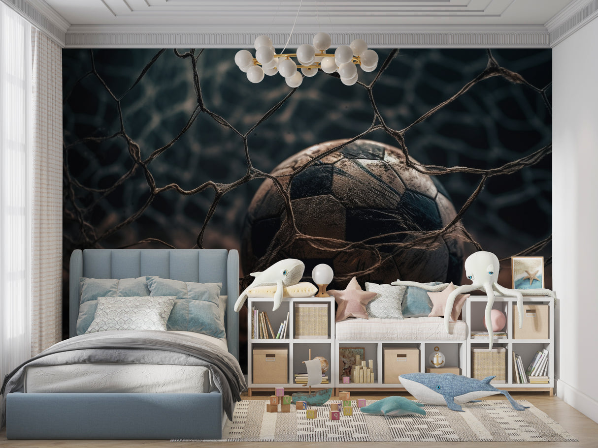 Soccer goal net design wallpaper in sports fan room setup
