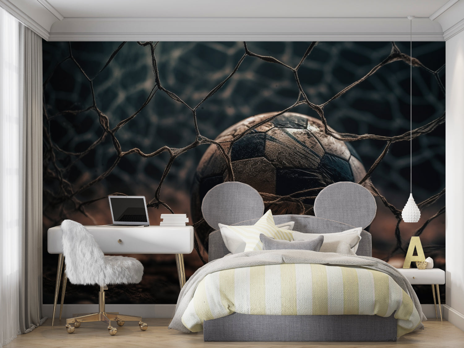 Black and white football mural installed in modern home office