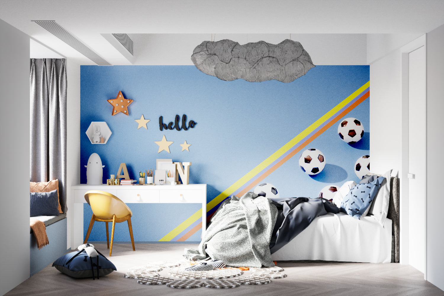 Football wallpaper in modern teen bedroom showing vibrant blue design with rainbow accents