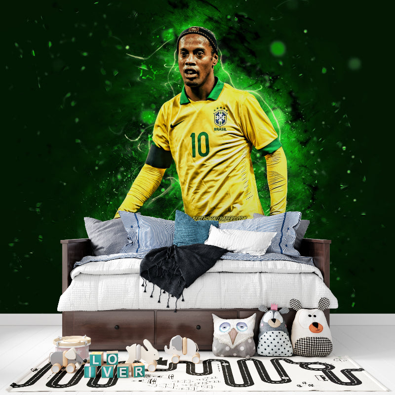 Soccer wall mural bringing energy to modern living room entertainment area