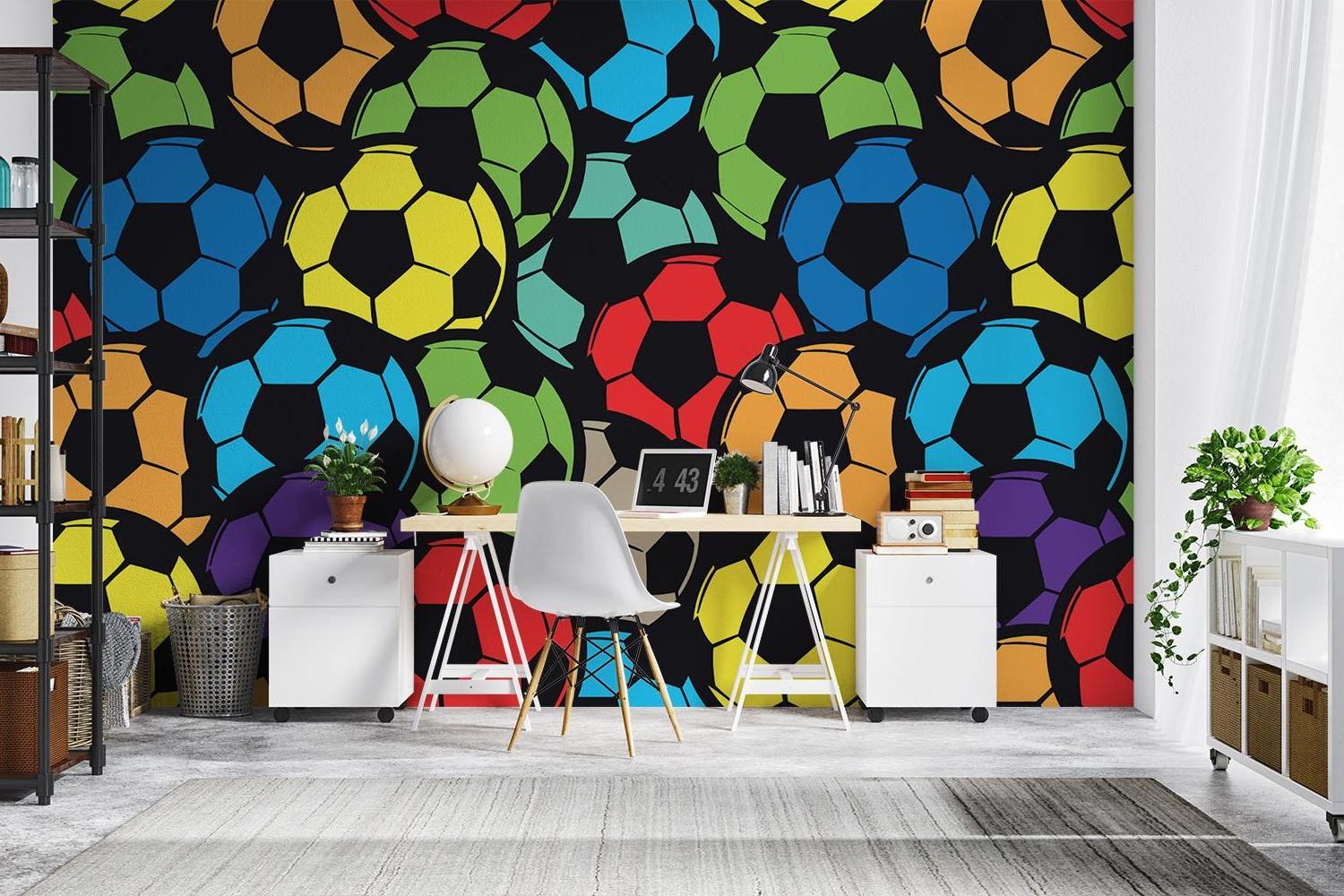 Soccer ball pattern wallpaper transforming home gym wall with vibrant sports theme