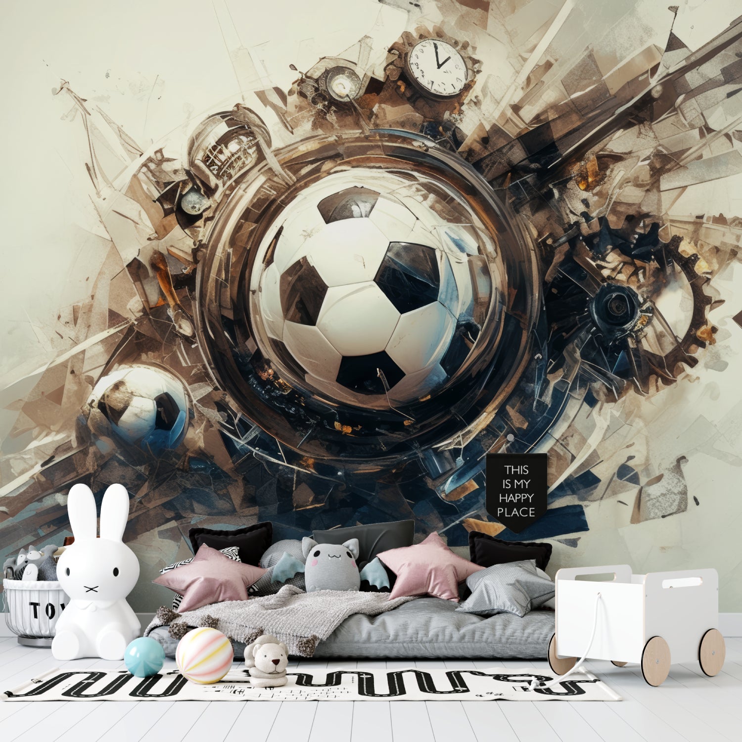 Dynamic football wall mural creating focal point in contemporary game room