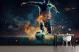 Football wall mural bringing dynamic energy to a modern teen bedroom, with dramatic fire effects creating an inspiring atmosphere