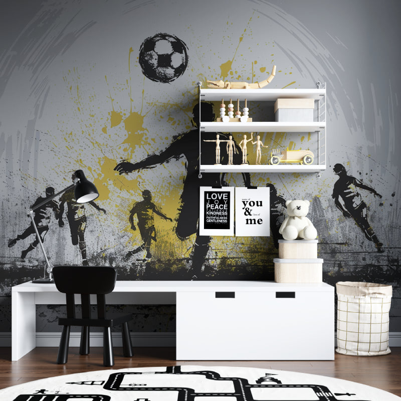 Sports themed wallpaper in home gym featuring striking football action scene