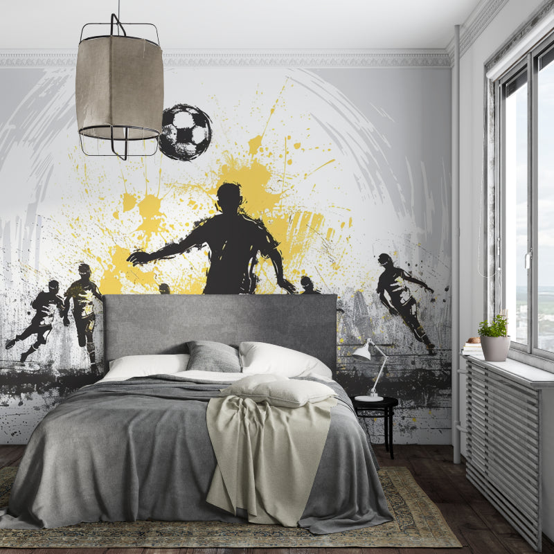Football themed wall mural in gaming room with dramatic black and gold color scheme