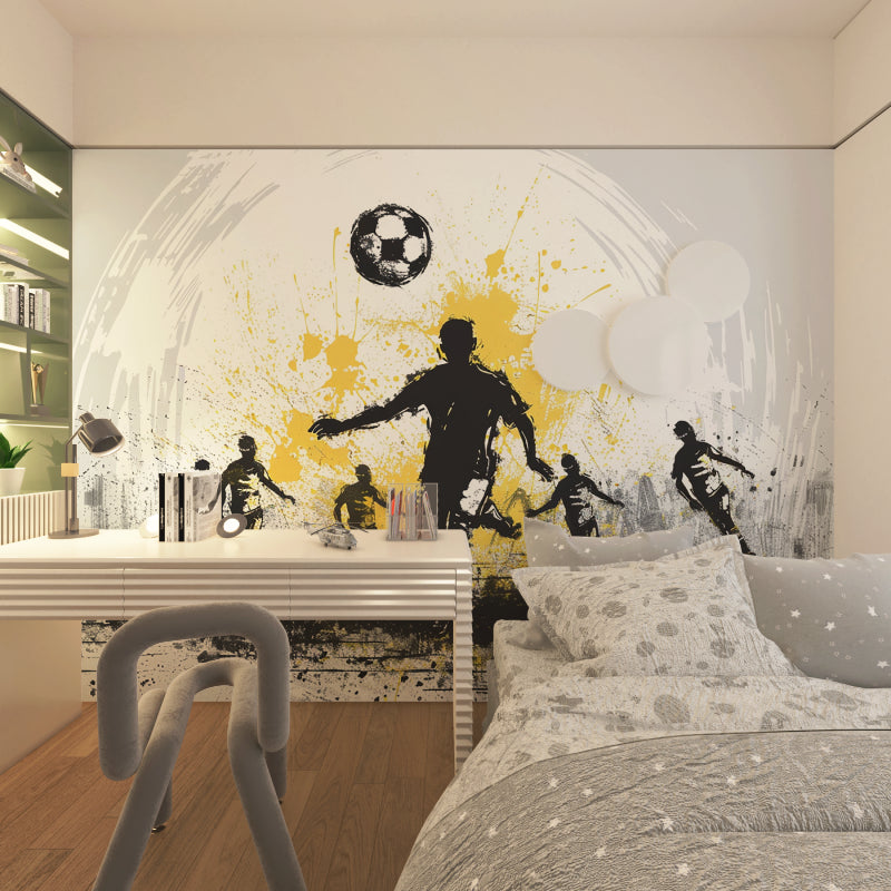 Soccer wall mural installation in sports bar showing energetic player silhouettes