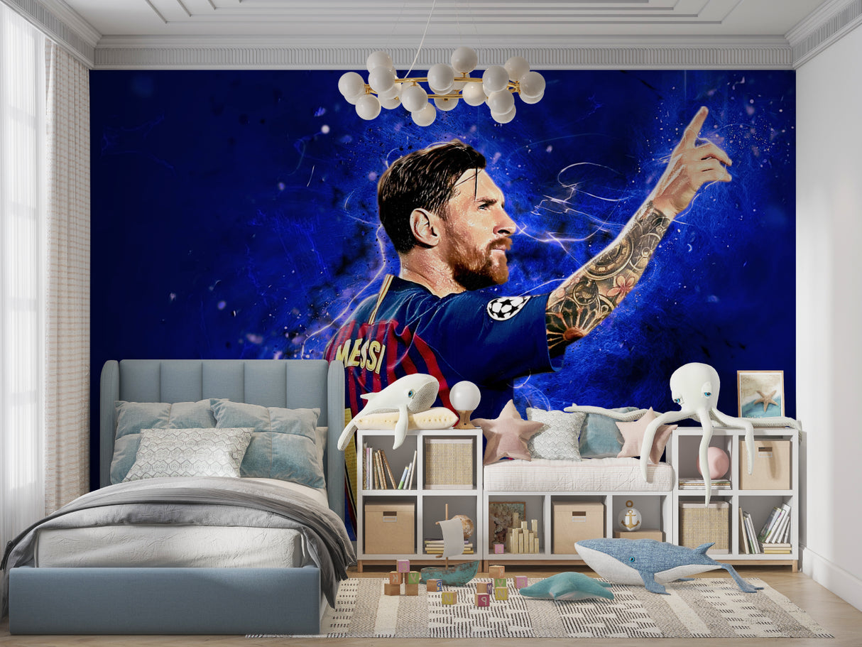 Football wall mural in modern teen bedroom creating sporty atmosphere with deep blue design