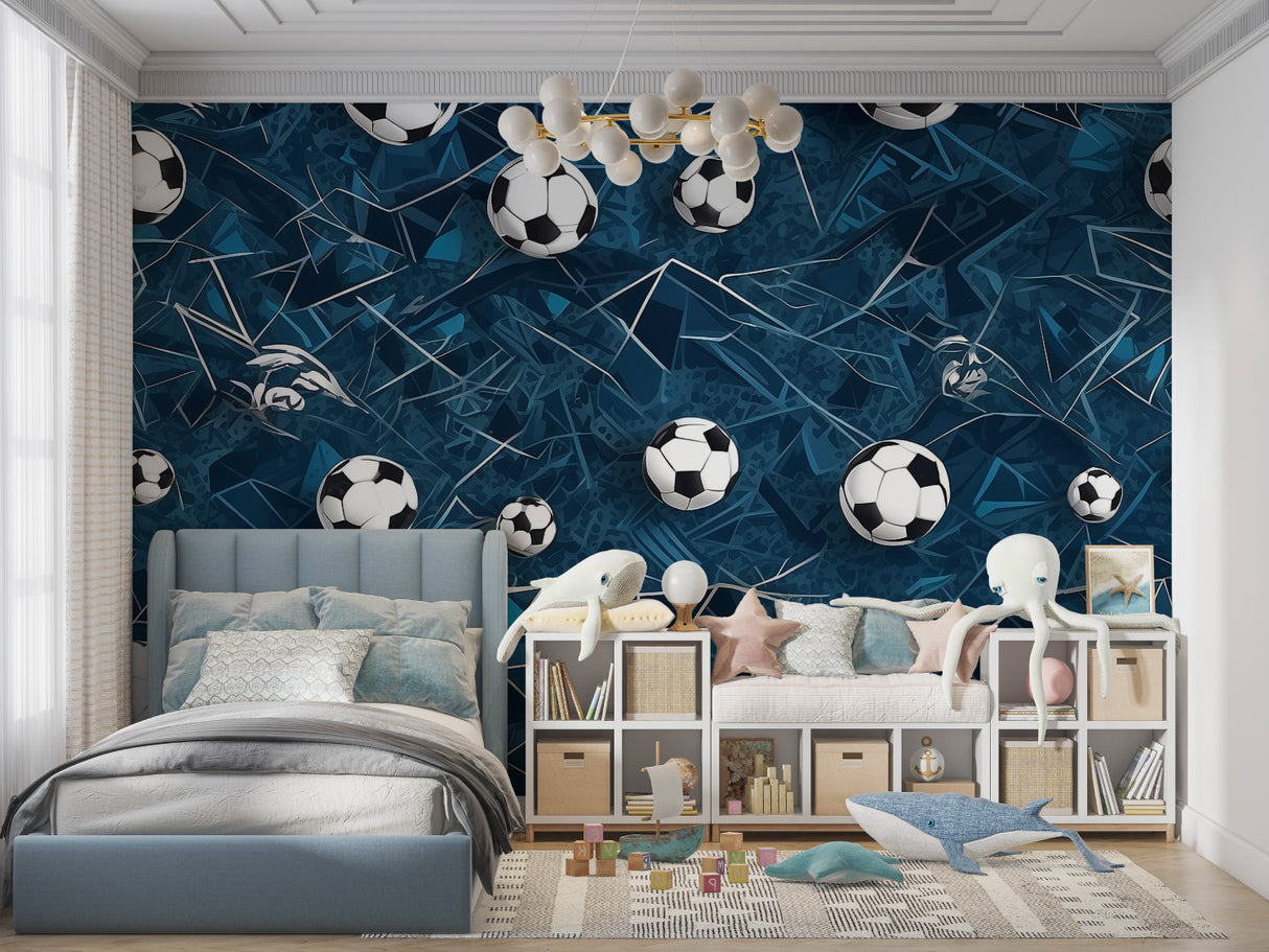 Football wallpaper mural in modern teen bedroom showing floating soccer balls against blue geometric pattern