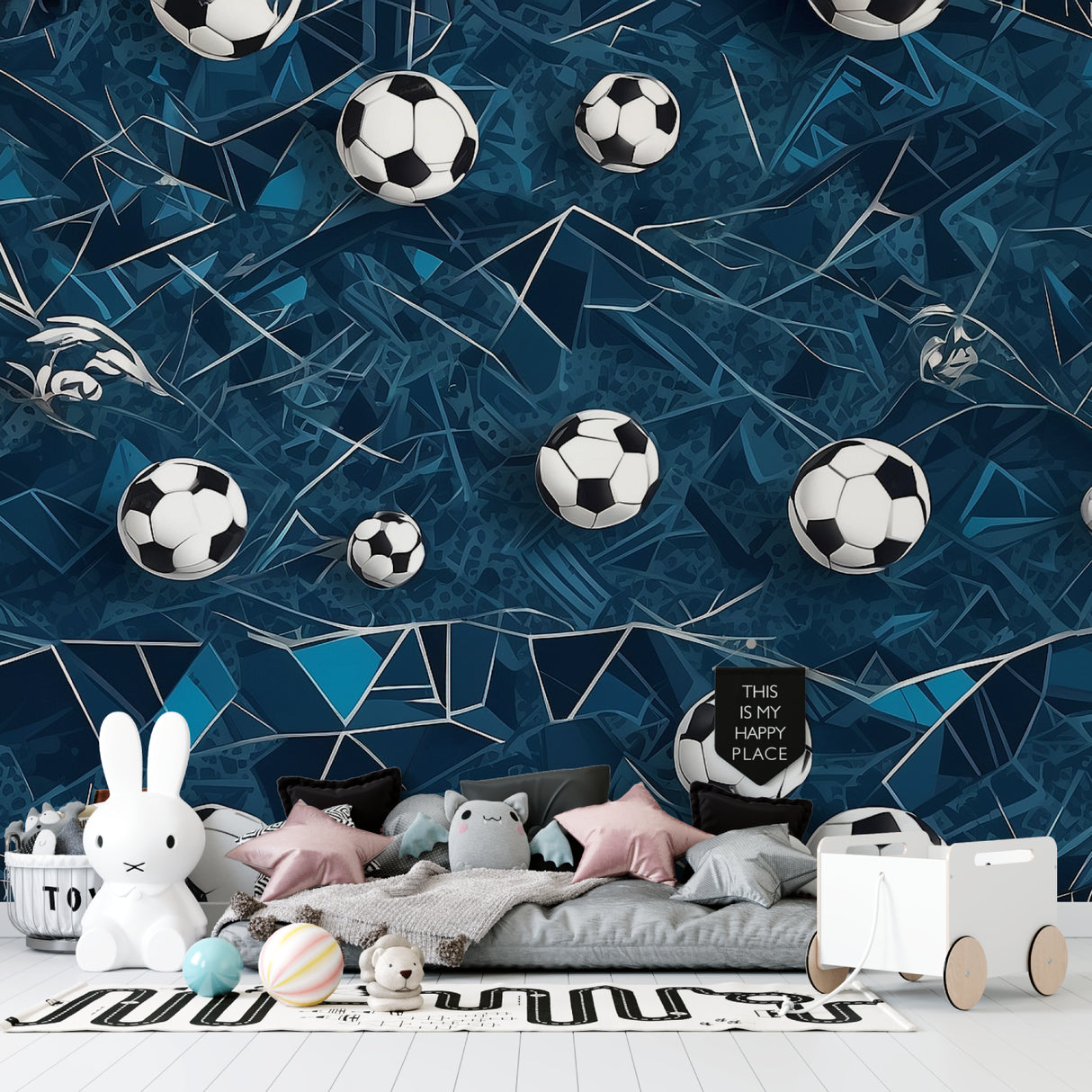 Sports themed football wall mural displayed in game room with gaming setup