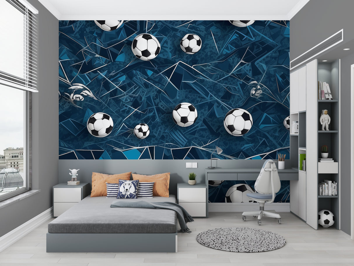 Dynamic blue football wallpaper installed in kids playroom with soccer decor
