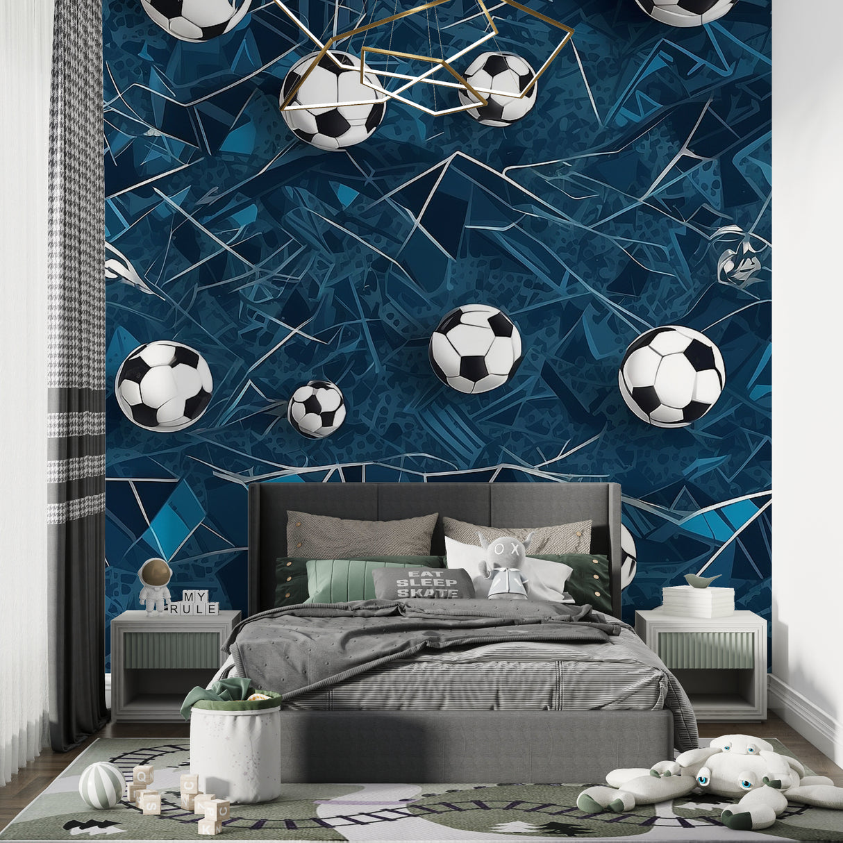Modern football mural wallpaper showcased in family entertainment room