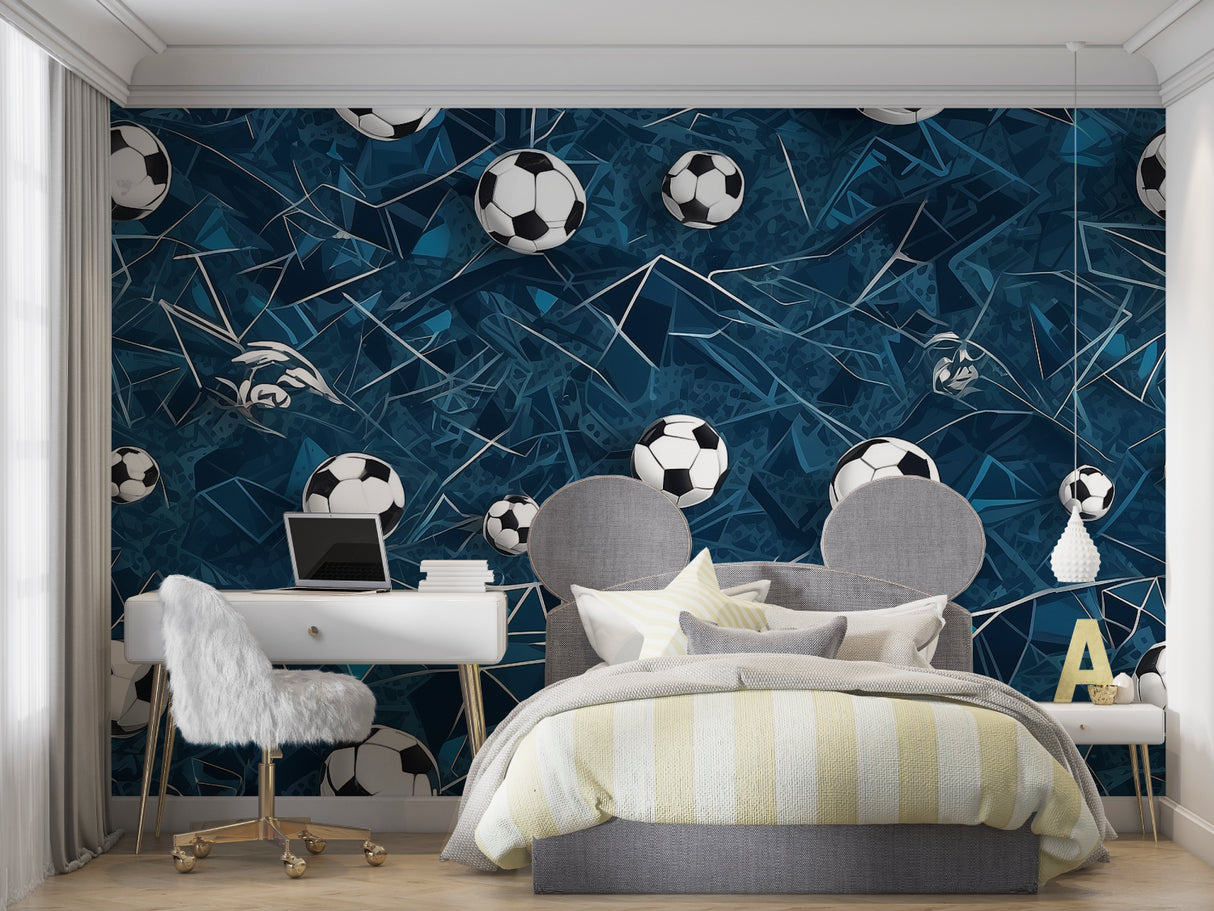 Soccer themed wall mural creating statement wall in sports fan room