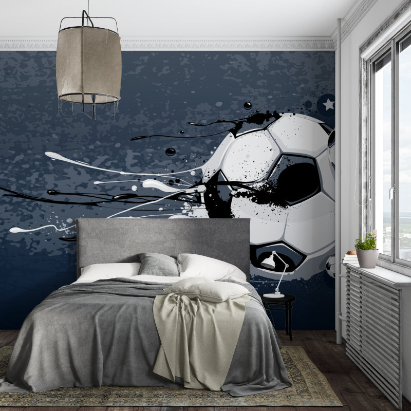 Football mural wallpaper in modern teen bedroom showing urban graffiti style and black and white color scheme