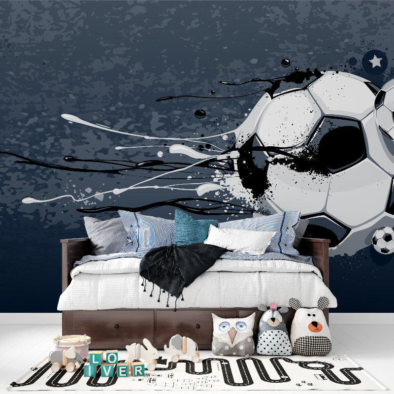 Street art football wallpaper displayed in gaming room with dramatic lighting effects