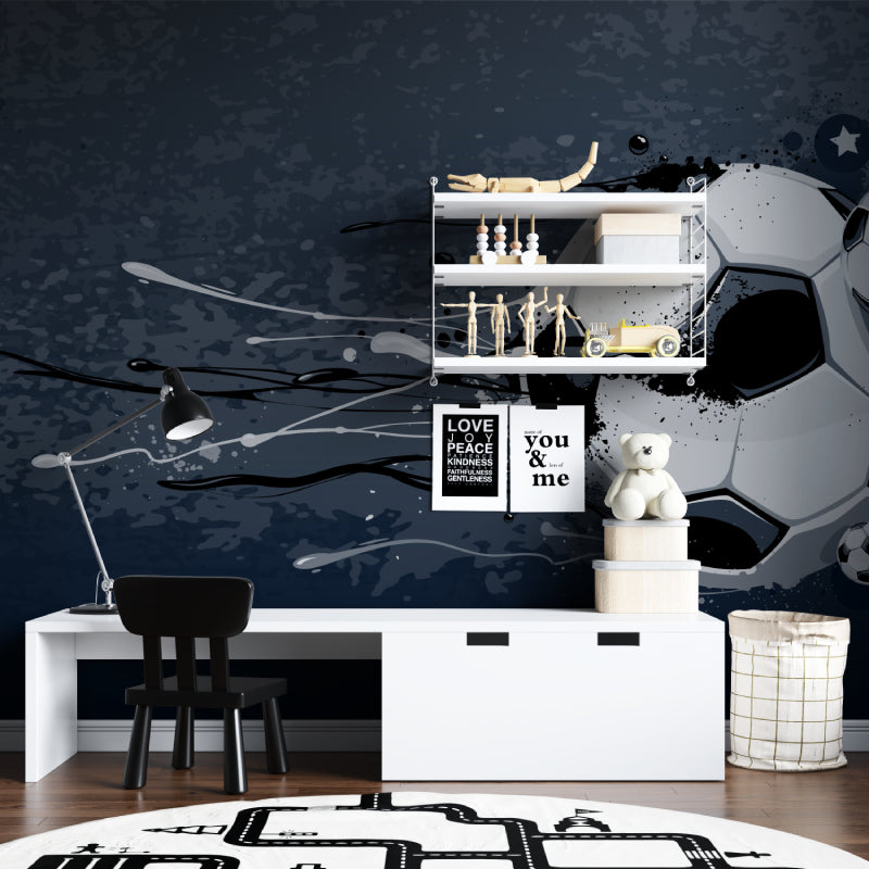 Sports themed wall mural in living room showing scale and impact of graffiti football design