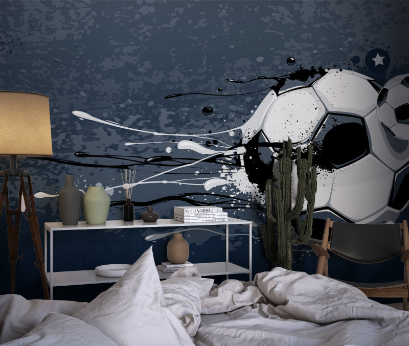 Urban football wallpaper bringing energy to home gym space with dramatic contrast