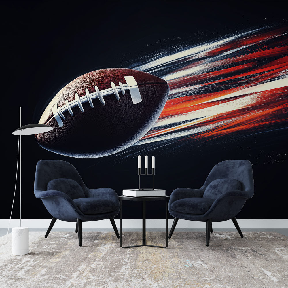 Football wallpaper mural creating dramatic impact in modern game room with leather seating and ambient lighting