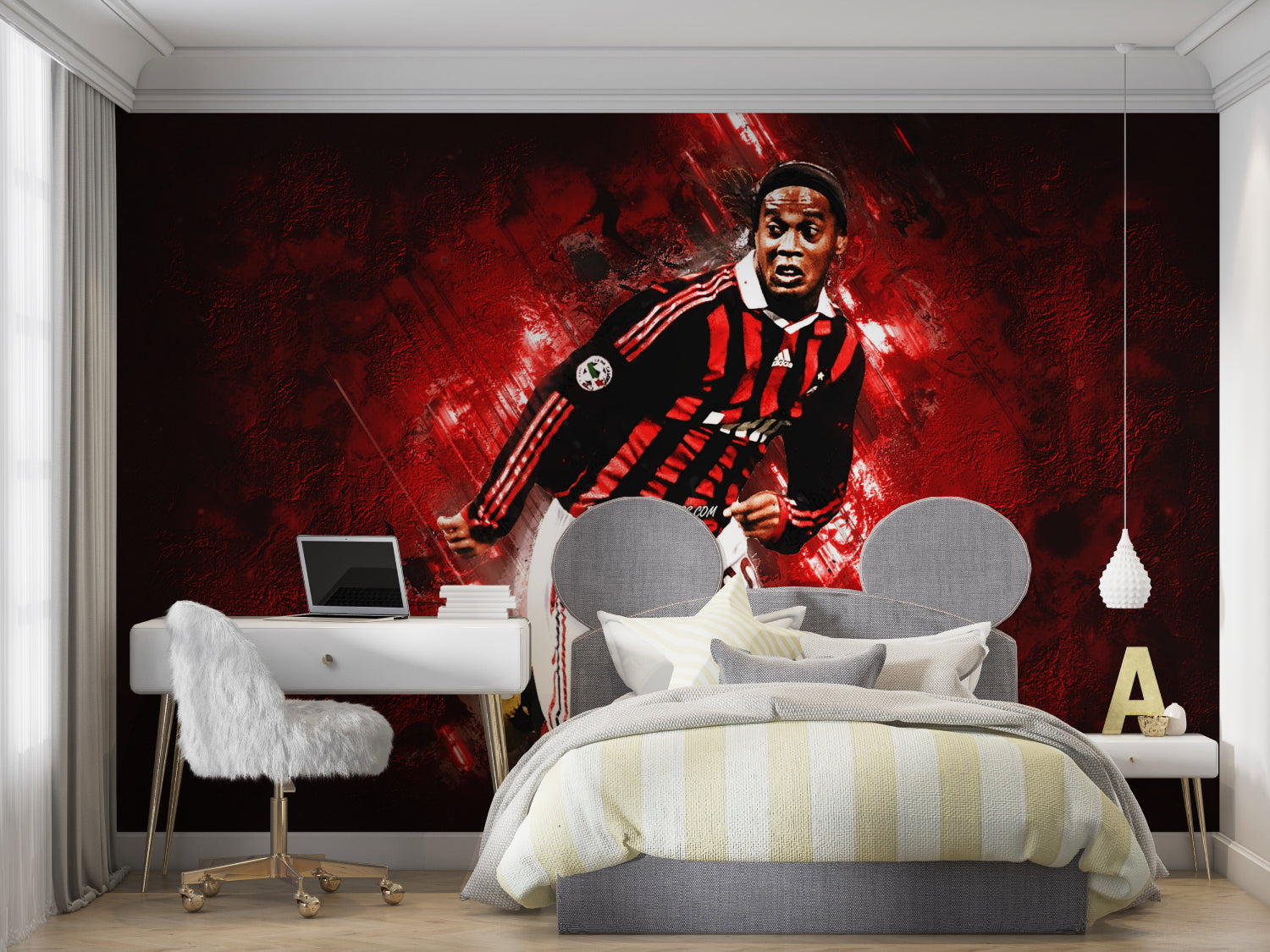 Football wallpaper mural in modern teen bedroom showing dynamic red and black design